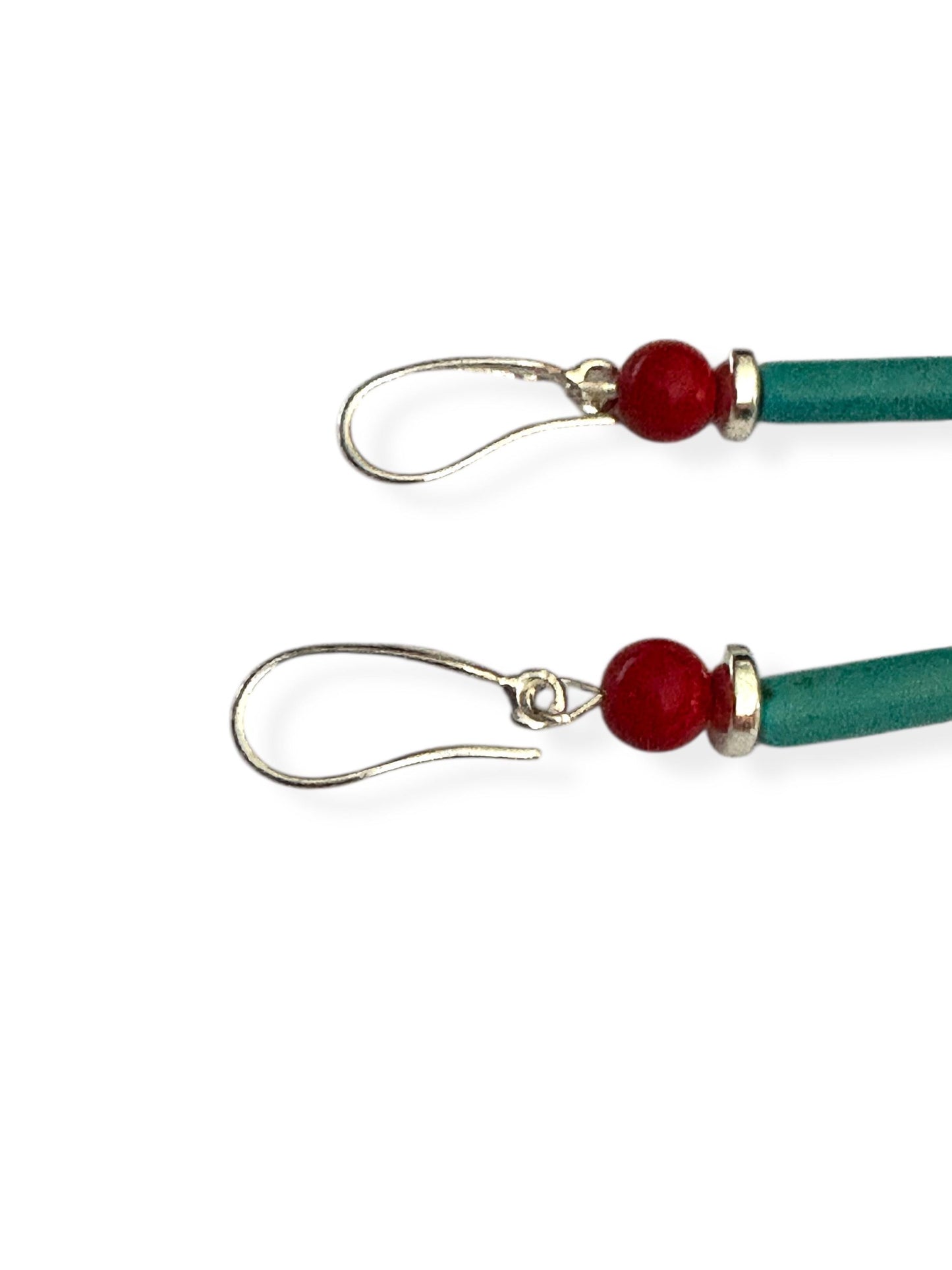 Handmade turquoise and coral gemstone drop earrings with silver ear wire closure. Features natural turquoise teardrop stones paired with round coral   and silver-plated accents. Lightweight boho style dangle earrings, perfect for everyday wear, gifts, or special occasions
