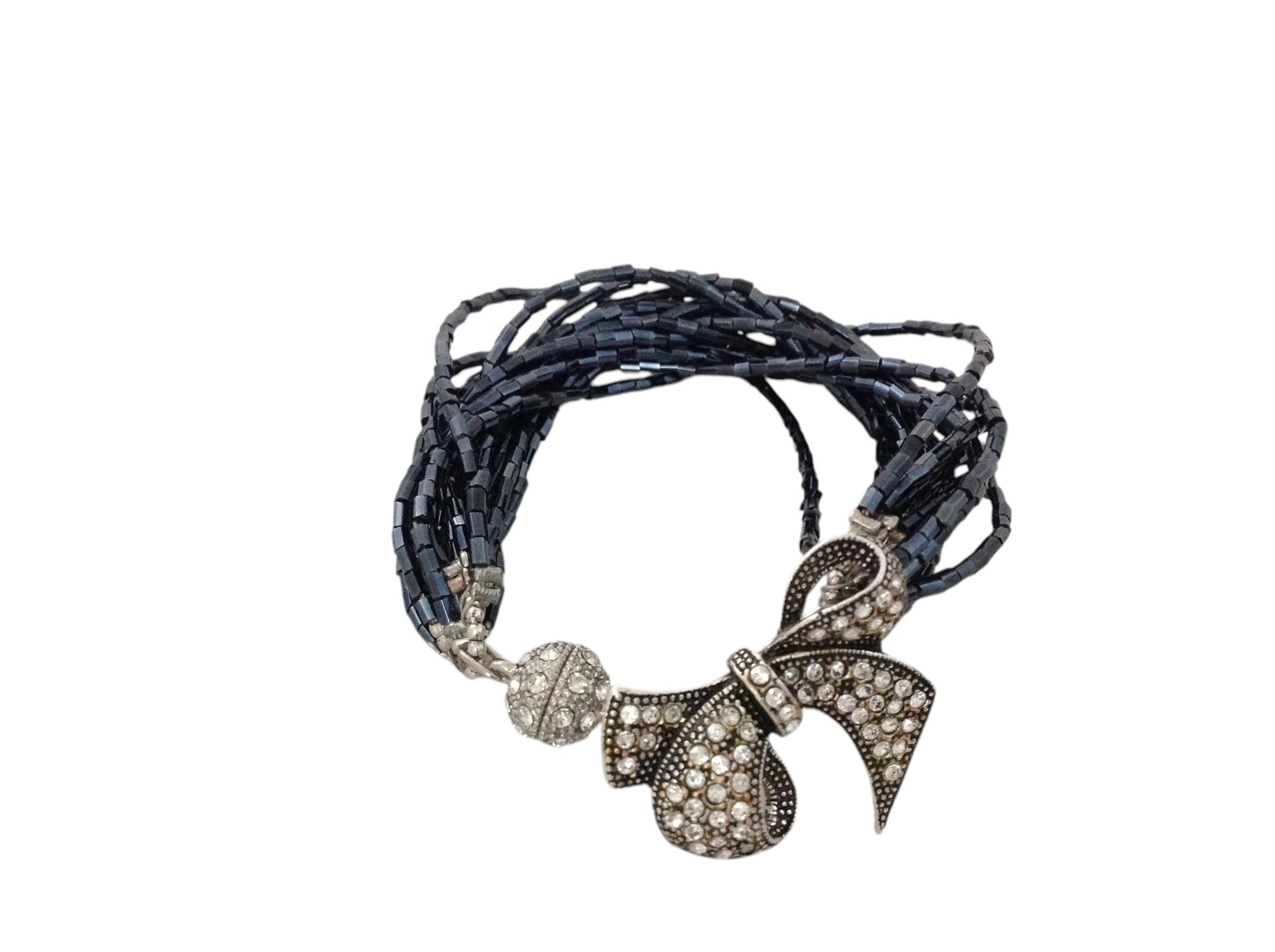 Semra Ascioglu multi-strand midnight-blue beaded bracelet with a crystal-encrusted vintage bow charm