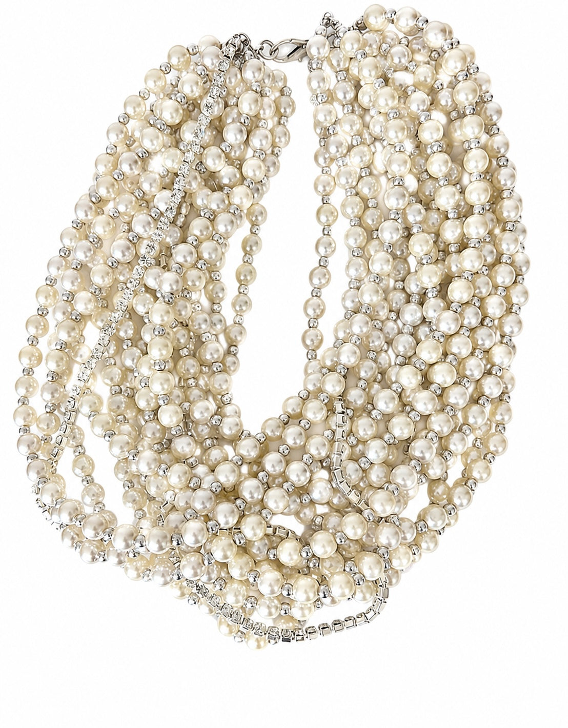 Semra Ascioglu multi-strand white pearl statement necklace with sparkling crystal accents for elegant evening wear.