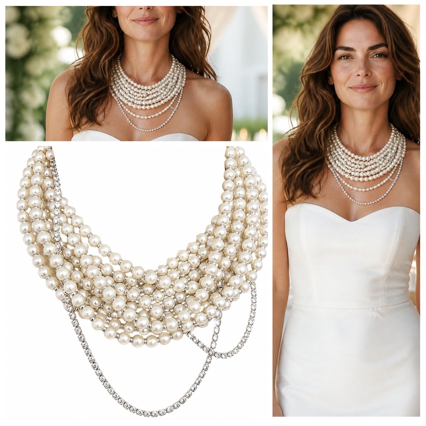 Semra Ascioglu multi strand pearl necklace with crystal accents worn by a bride in a white strapless gown.