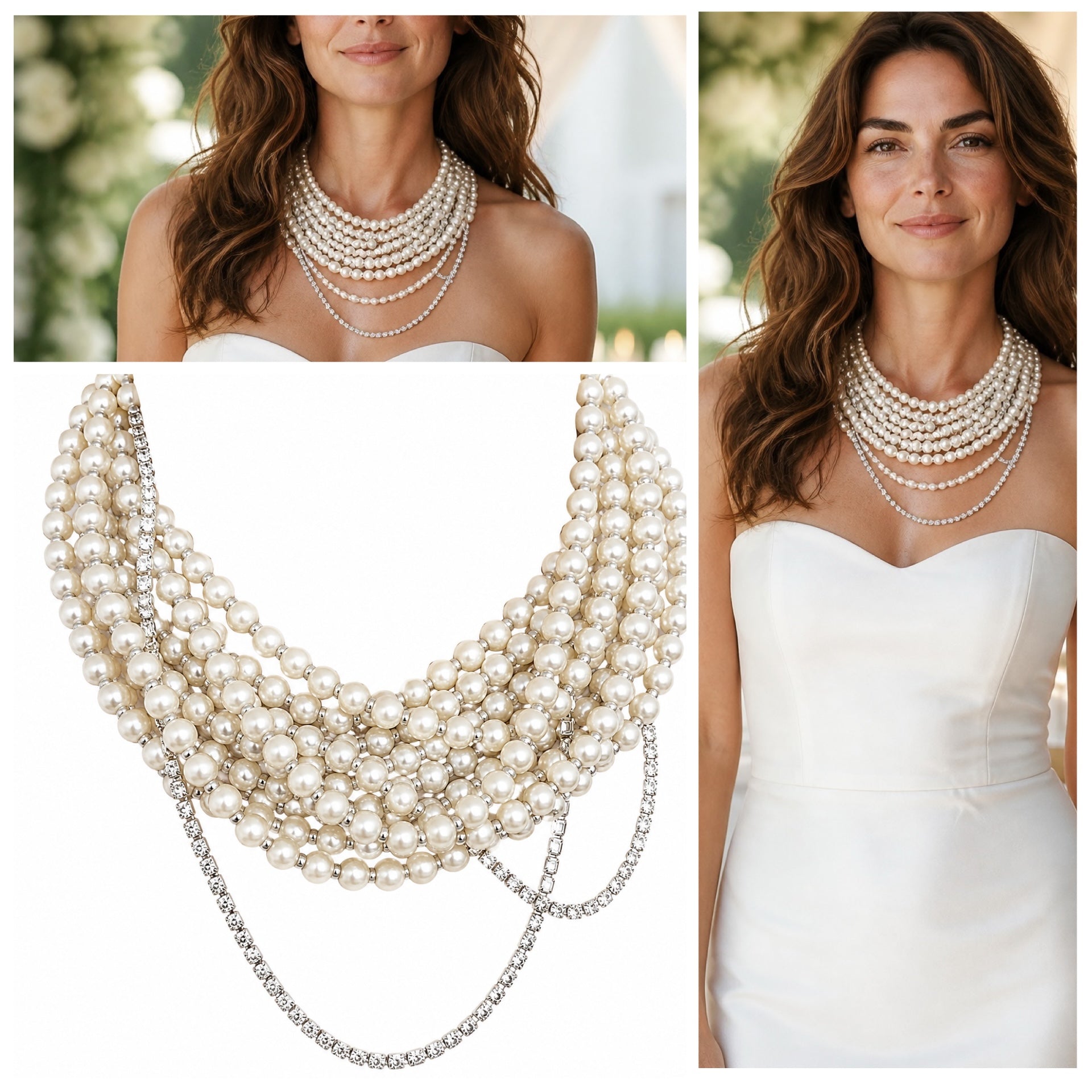 Semra Ascioglu multi strand pearl necklace with crystal accents worn by a bride in a white strapless gown.