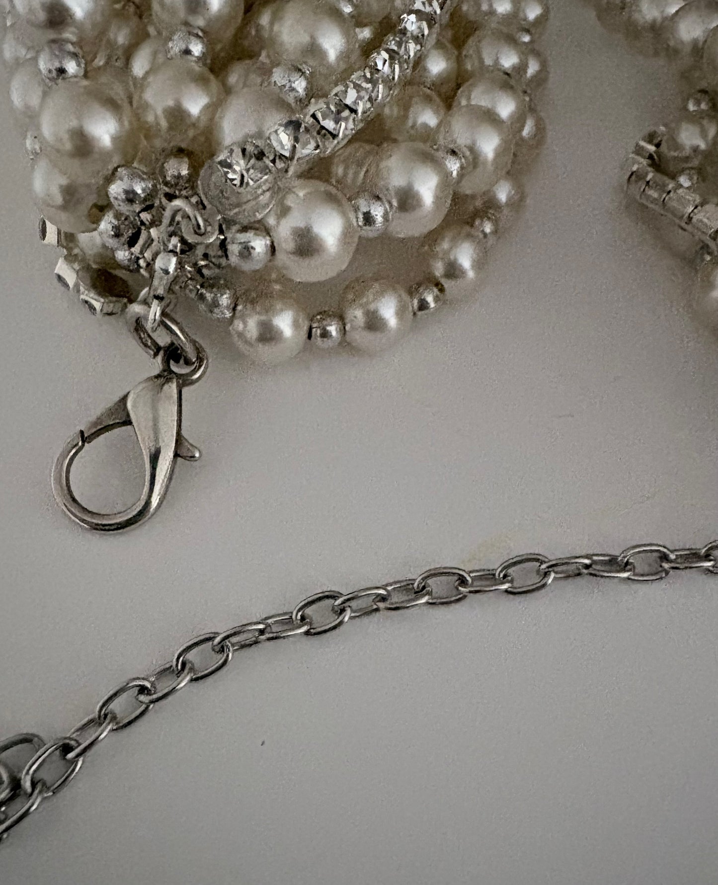Semra Ascioglu multi strand pearl necklace with crystal accents and silver tone lobster clasp closure