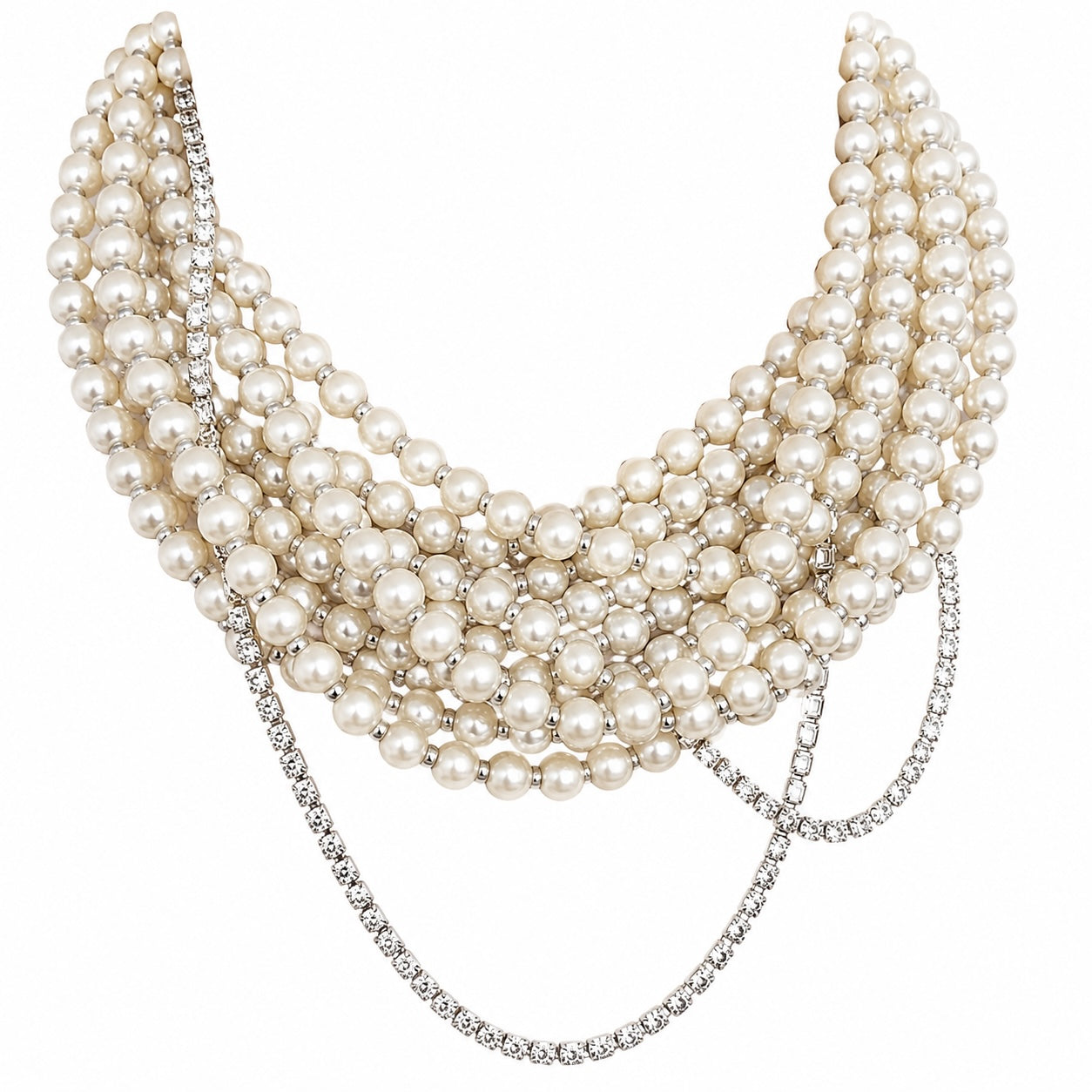 Semra Ascioglu multi-strand statement pearl necklace with white pearls and sparkling crystal chain accents.